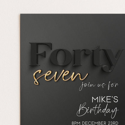 Editable 47th Birthday Invitation Black and Gold, Modern Forty Seven Invite, Corjl Template, Elegant Birthday Party Invitation for Him BG78