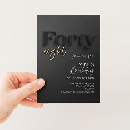 Editable 48th Birthday Invitation Black and Gold, Modern Forty Eight Invite, Corjl Template, Elegant Birthday Party Invitation for Him BG78