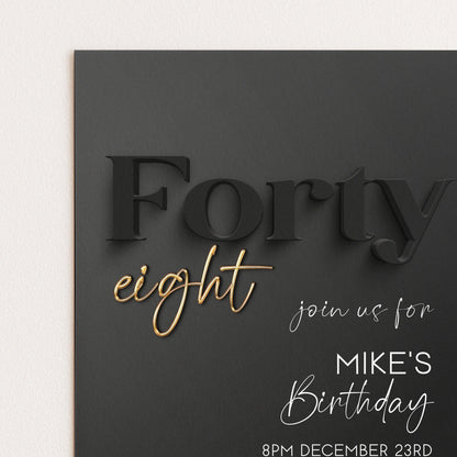 Editable 48th Birthday Invitation Black and Gold, Modern Forty Eight Invite, Corjl Template, Elegant Birthday Party Invitation for Him BG78