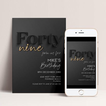 Editable 49th Birthday Invitation Black and Gold, Modern Forty Nine Invite, Corjl Template, Elegant Birthday Party Invitation for Him BG78