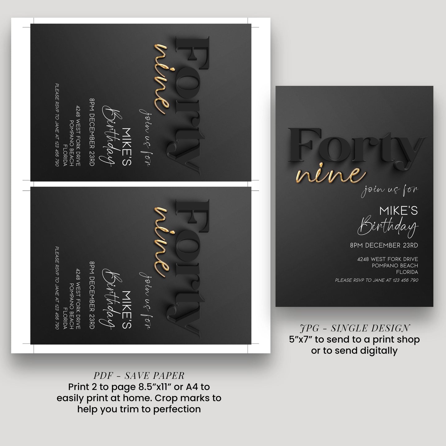 Editable 49th Birthday Invitation Black and Gold, Modern Forty Nine Invite, Corjl Template, Elegant Birthday Party Invitation for Him BG78