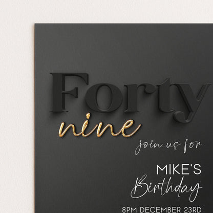 Editable 49th Birthday Invitation Black and Gold, Modern Forty Nine Invite, Corjl Template, Elegant Birthday Party Invitation for Him BG78
