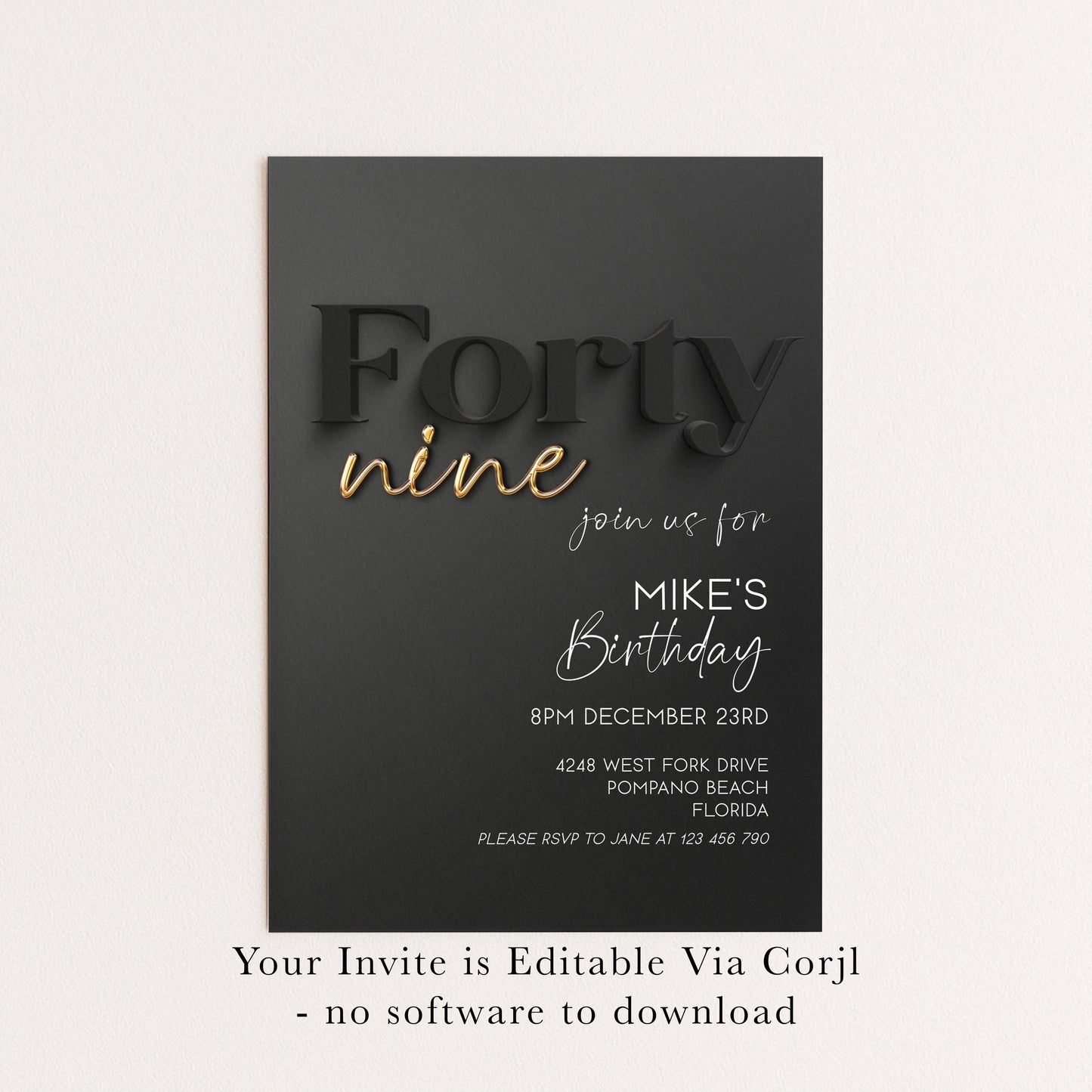 Editable 49th Birthday Invitation Black and Gold, Modern Forty Nine Invite, Corjl Template, Elegant Birthday Party Invitation for Him BG78