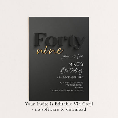 Editable 49th Birthday Invitation Black and Gold, Modern Forty Nine Invite, Corjl Template, Elegant Birthday Party Invitation for Him BG78