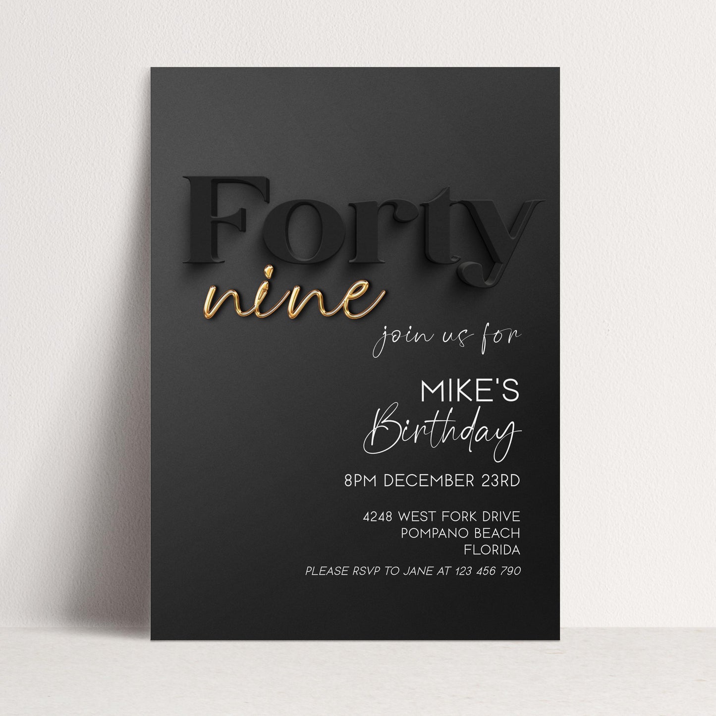 Editable 49th Birthday Invitation Black and Gold, Modern Forty Nine Invite, Corjl Template, Elegant Birthday Party Invitation for Him BG78