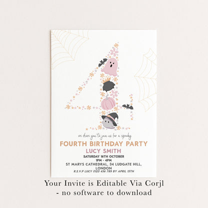4th Birthday Downloadable Halloween Birthday Party – Editable Spooky Party Four Year Old Invitation – Instant Download for Kids Printable