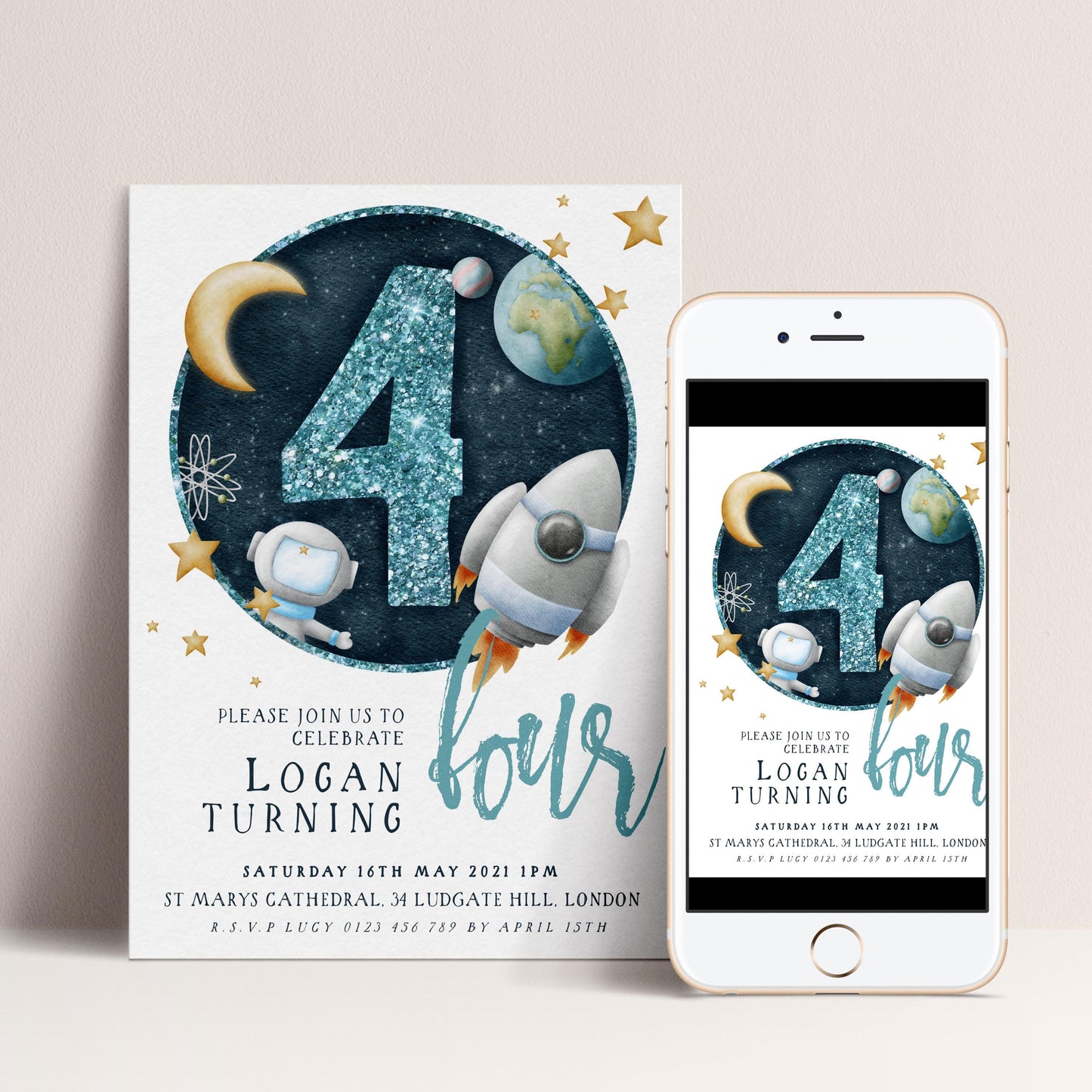 4th Birthday Invitation Space Theme, Rocket Party Invite for Boys, Astronaut Galaxy Birthday, Editable Template SPC2