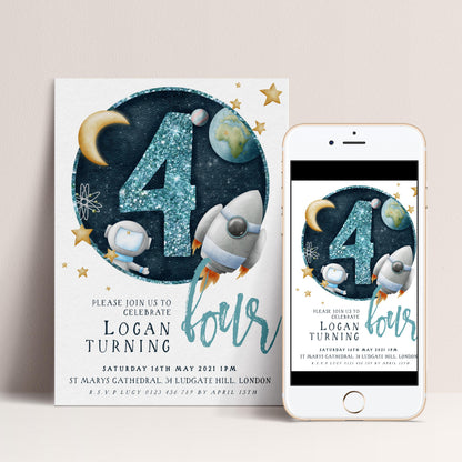 4th Birthday Invitation Space Theme, Rocket Party Invite for Boys, Astronaut Galaxy Birthday, Editable Template SPC2