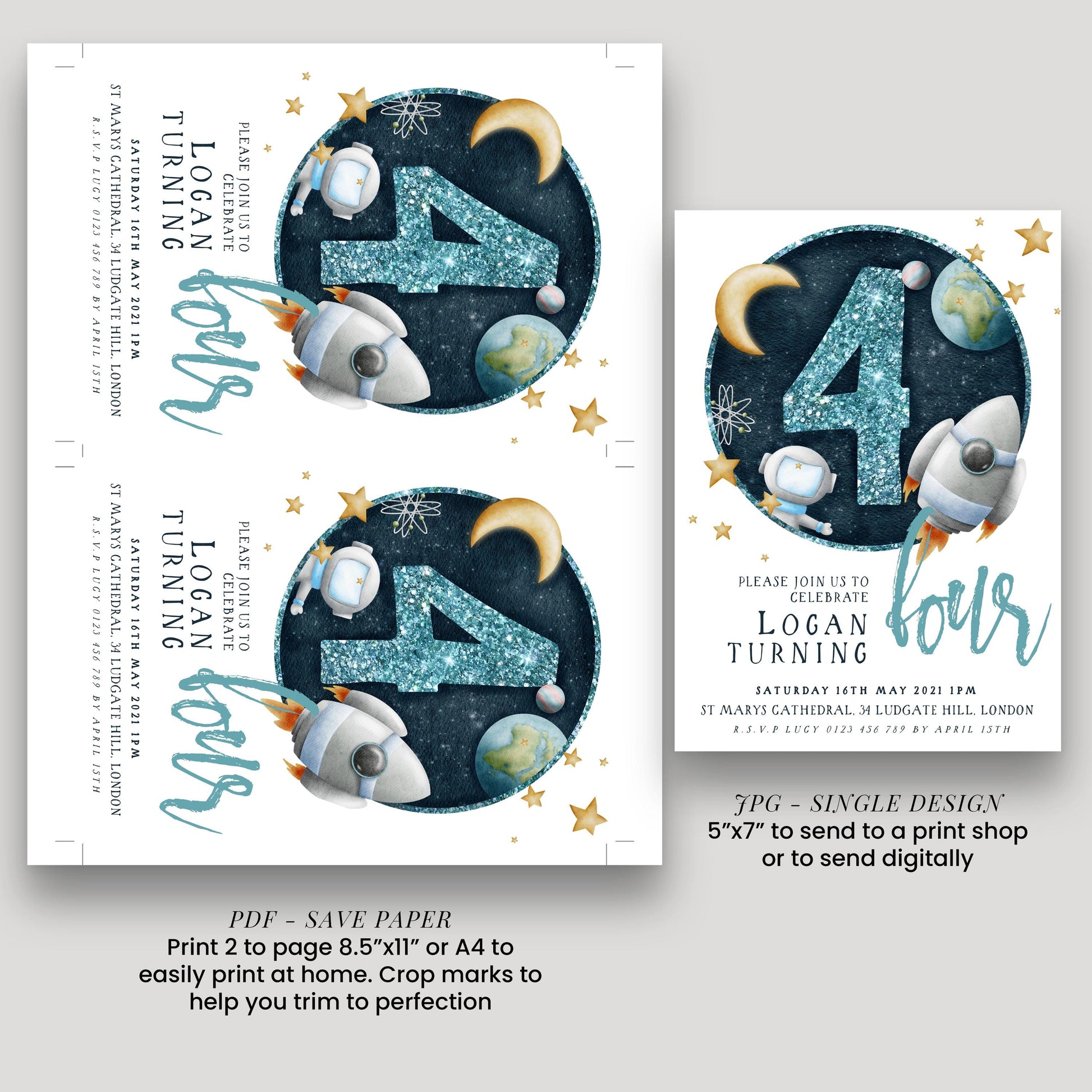 4th Birthday Invitation Space Theme, Rocket Party Invite for Boys, Astronaut Galaxy Birthday, Editable Template SPC2