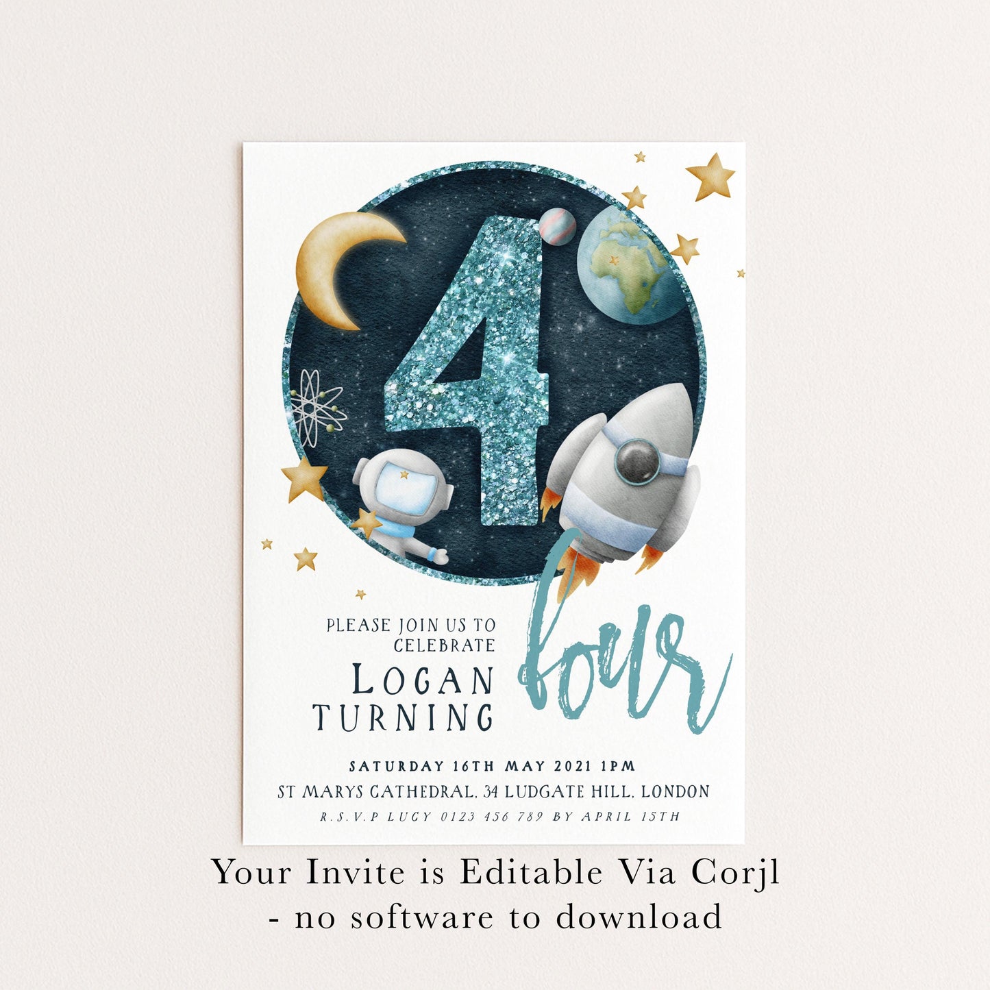 4th Birthday Invitation Space Theme, Rocket Party Invite for Boys, Astronaut Galaxy Birthday, Editable Template SPC2