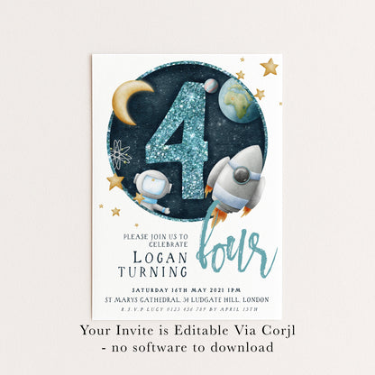 4th Birthday Invitation Space Theme, Rocket Party Invite for Boys, Astronaut Galaxy Birthday, Editable Template SPC2