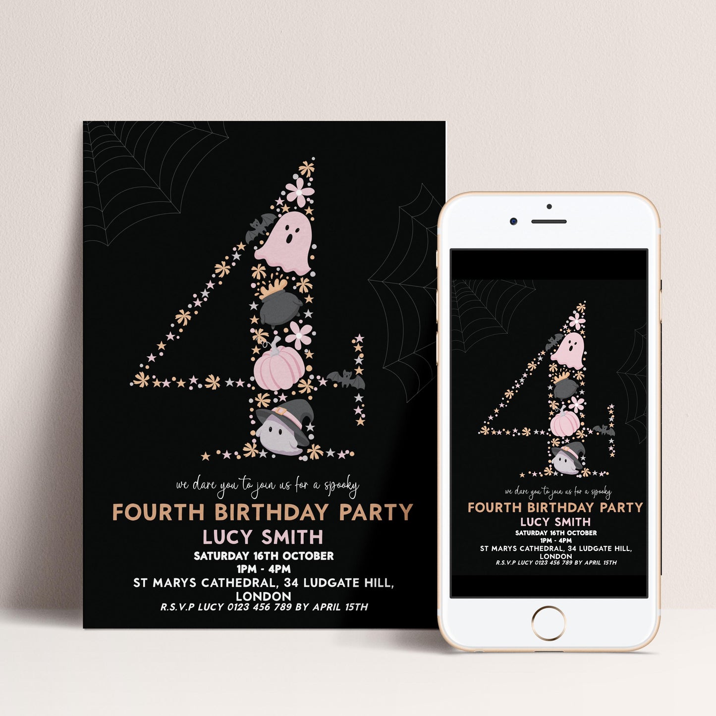 a birthday party invitation for a 4th birthday party, featuring a black background with a spider web design and various decorative elements such as stars, flowers, and a ghost.