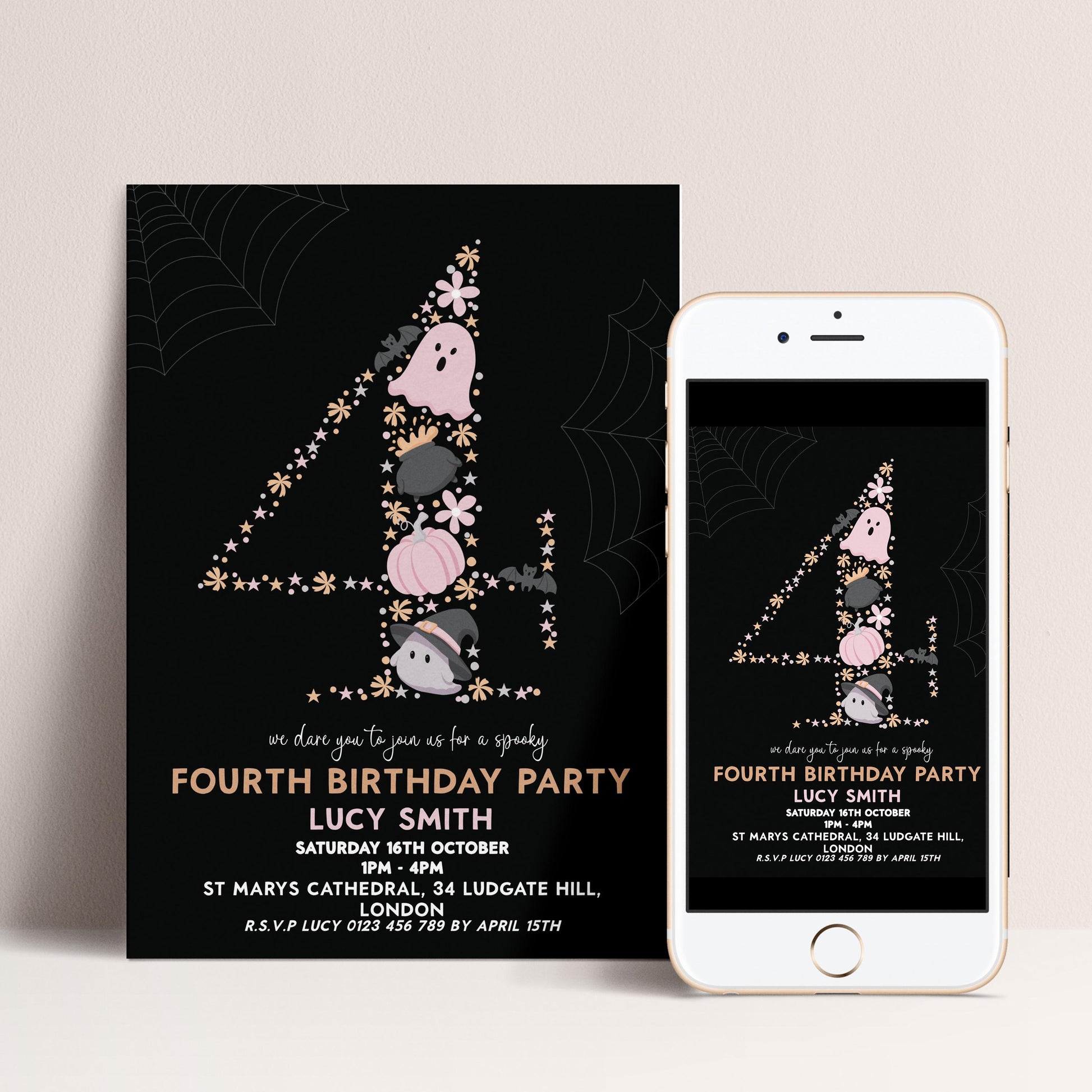 a birthday party invitation for a 4th birthday party, featuring a black background with a spider web design and various decorative elements such as stars, flowers, and a ghost.