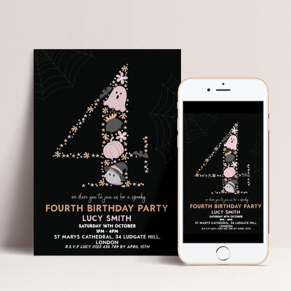 a birthday party invitation for a 4th birthday party, featuring a black background with a spider web design and various decorative elements such as stars, flowers, and a ghost.