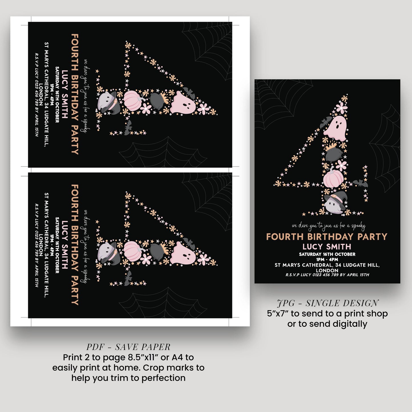 The image is a birthday party invitation featuring a spider web design with the number 4 and various decorative elements.