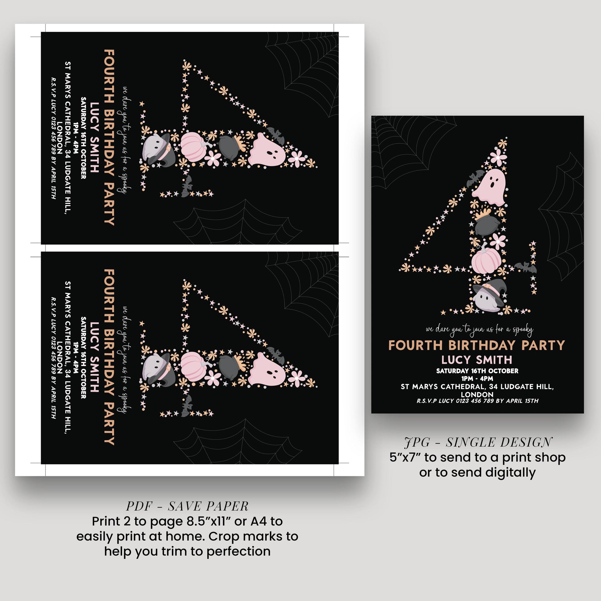The image is a birthday party invitation featuring a spider web design with the number 4 and various decorative elements.