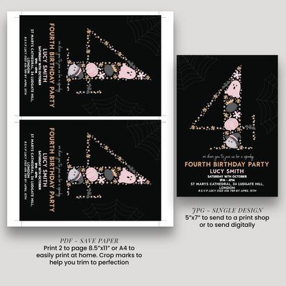 The image is a birthday party invitation featuring a spider web design with the number 4 and various decorative elements.