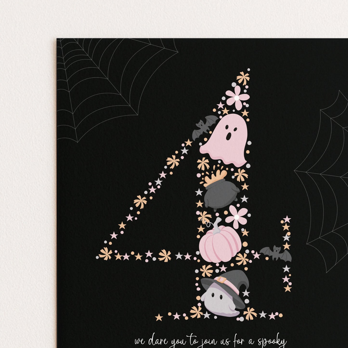 A Halloween-themed graphic design featuring the number 4 with various spooky and festive elements such as a ghost, bats, pumpkins, and flowers.