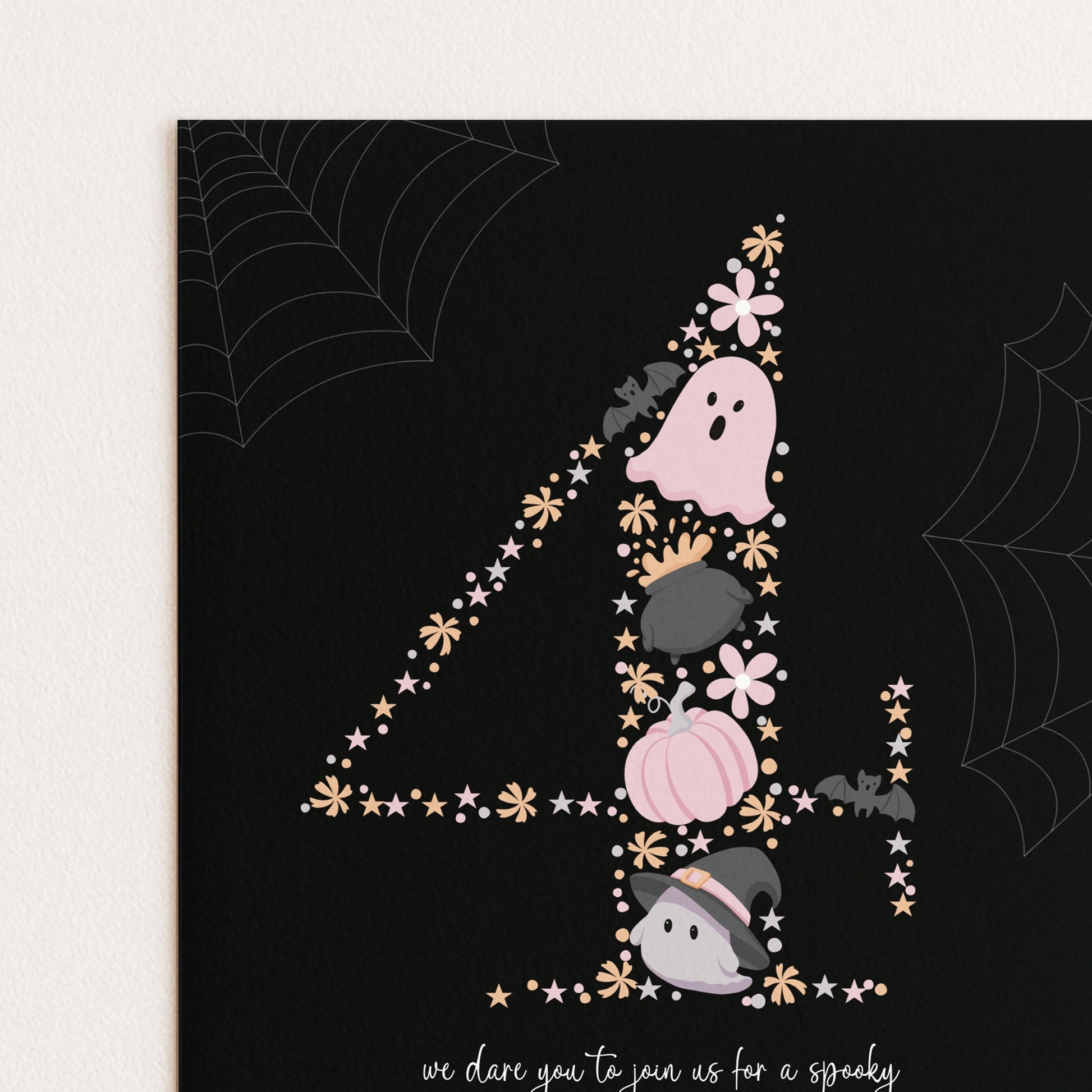 A Halloween-themed graphic design featuring the number 4 with various spooky and festive elements such as a ghost, bats, pumpkins, and flowers.