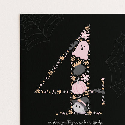 A Halloween-themed graphic design featuring the number 4 with various spooky and festive elements such as a ghost, bats, pumpkins, and flowers.
