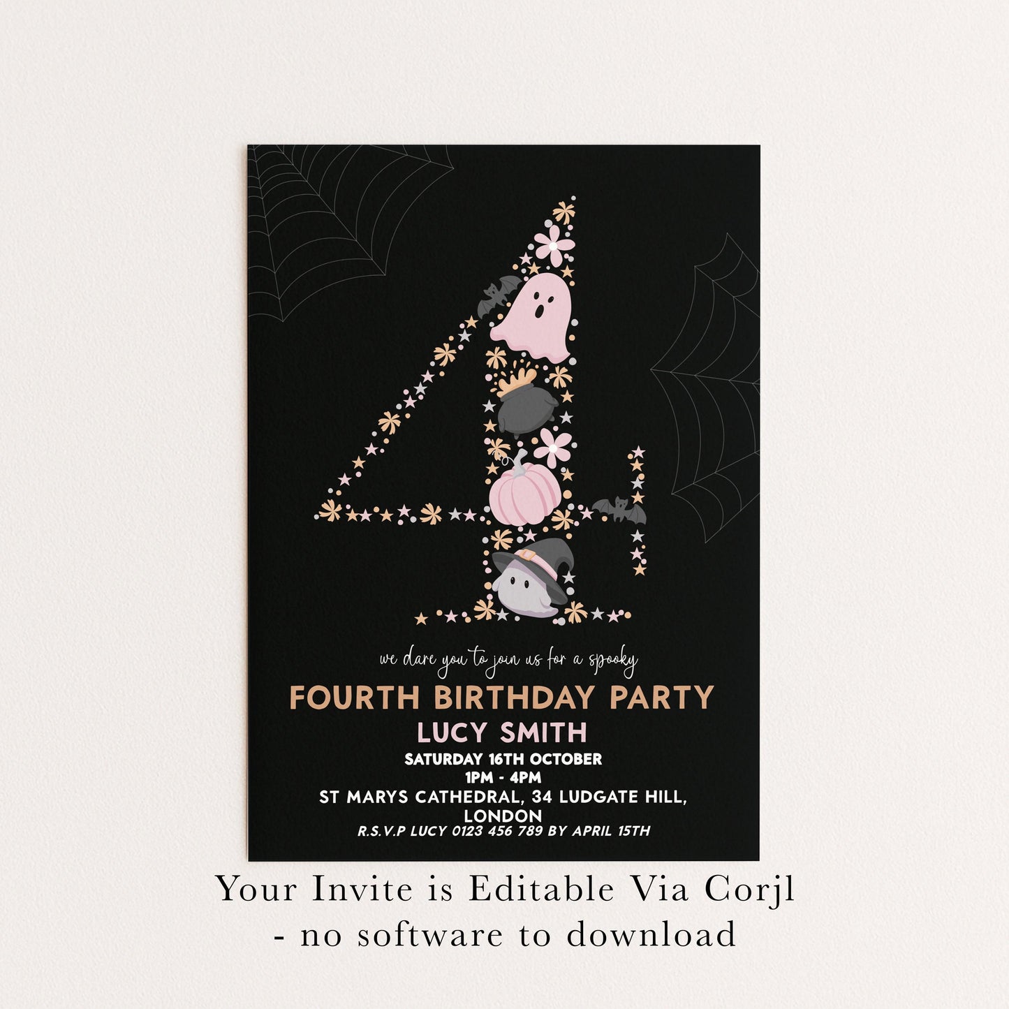 The image is a birthday party invitation for a 4th birthday party.