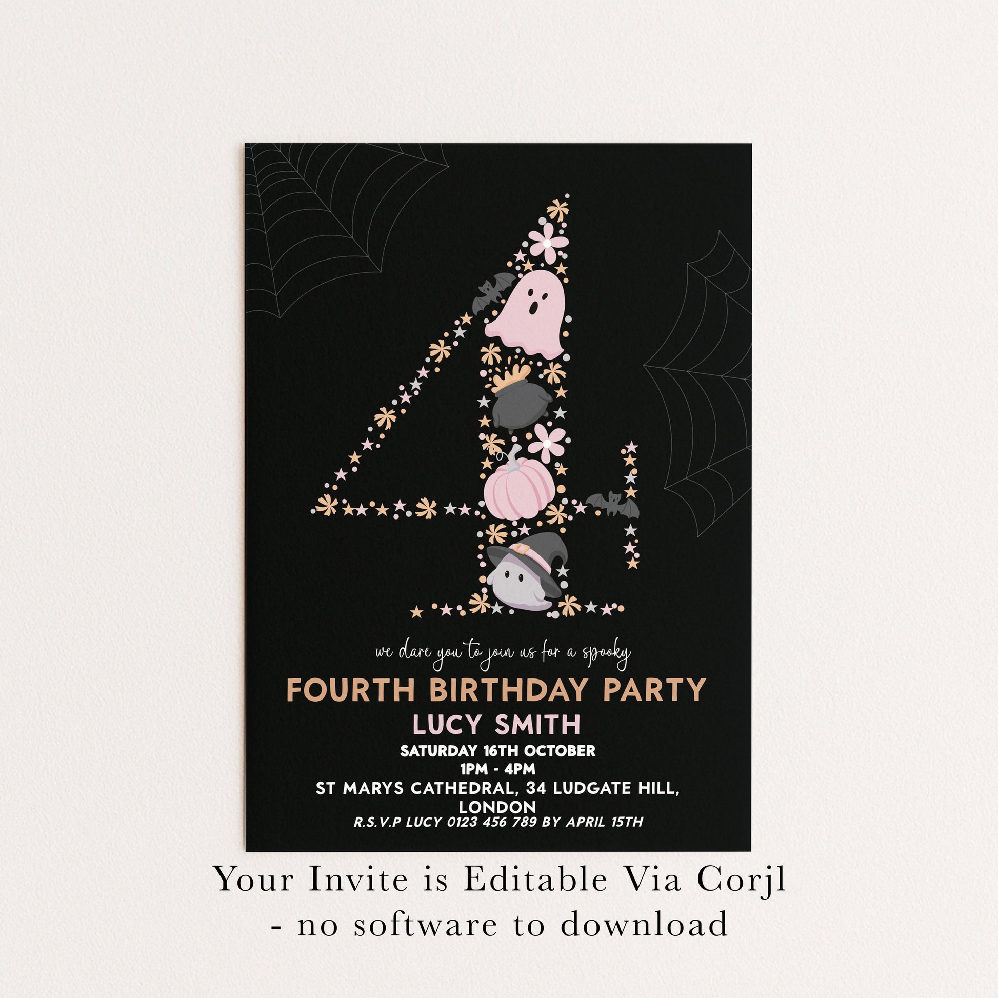 The image is a birthday party invitation for a 4th birthday party.