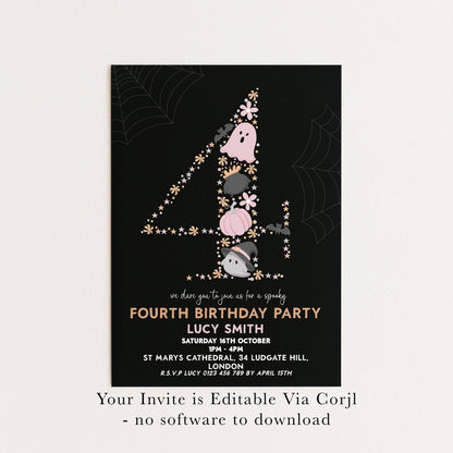The image is a birthday party invitation for a 4th birthday party.