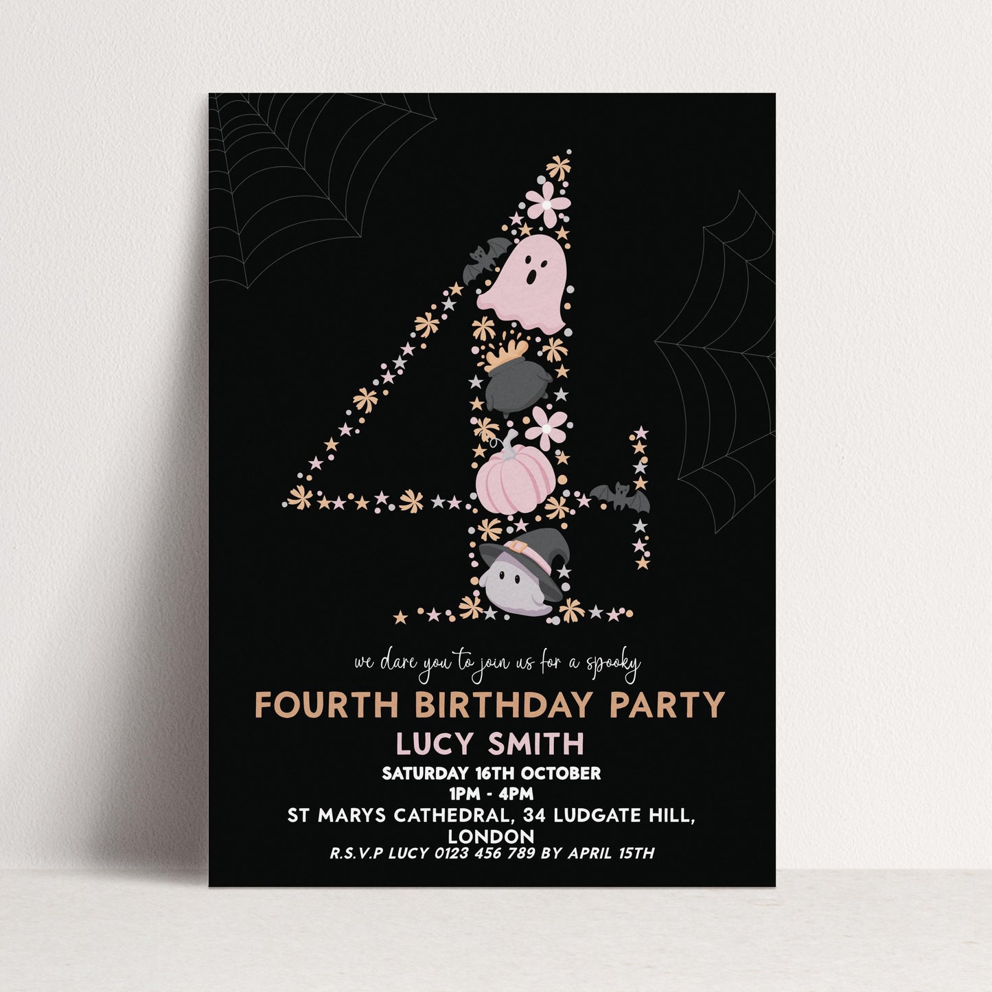 The image is a birthday party invitation for a 4th birthday party.