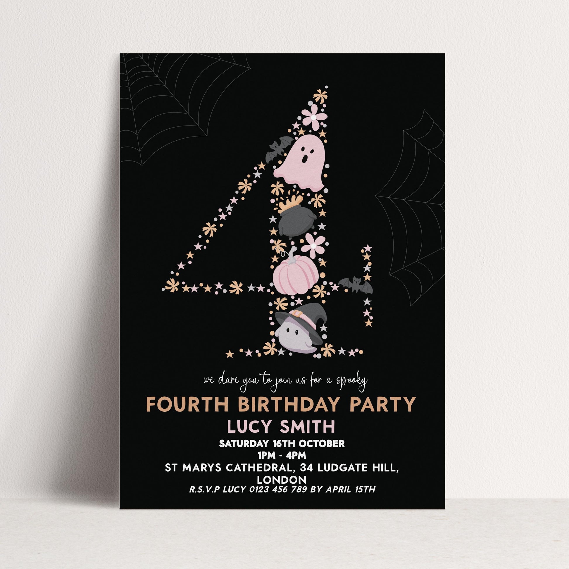 The image is a birthday party invitation for a 4th birthday party.