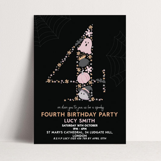 The image is a birthday party invitation for a 4th birthday party.