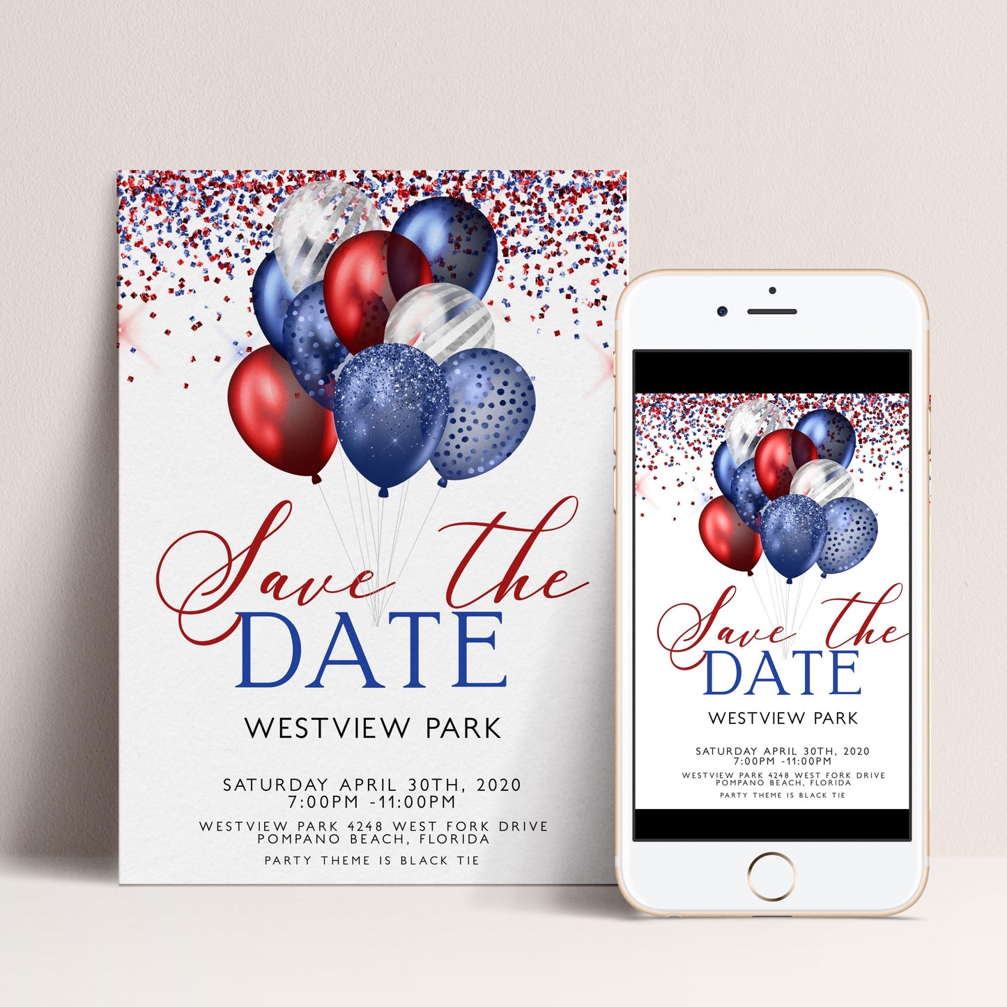 Patriotic Save the Date Invitation, Red White Blue Balloons, 4th of July or Black Tie Party, Editable and Printable Template