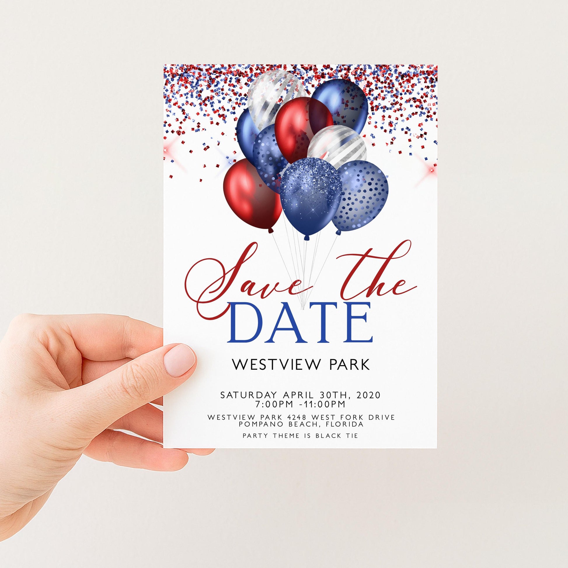 Patriotic Save the Date Invitation, Red White Blue Balloons, 4th of July or Black Tie Party, Editable and Printable Template