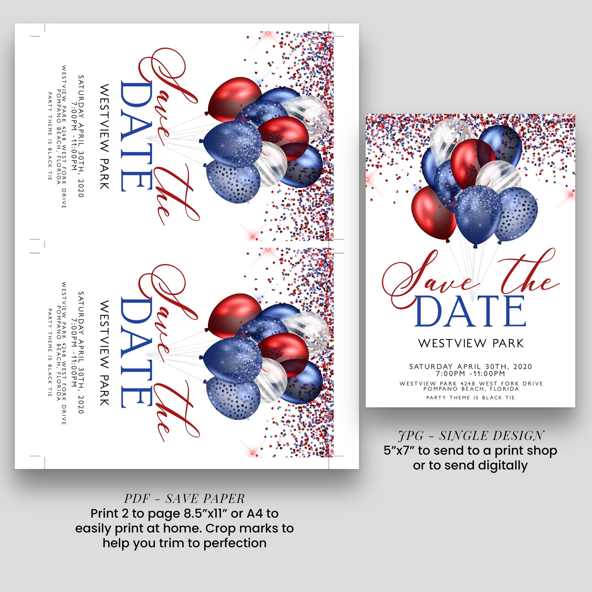 Patriotic Save the Date Invitation, Red White Blue Balloons, 4th of July or Black Tie Party, Editable and Printable Template