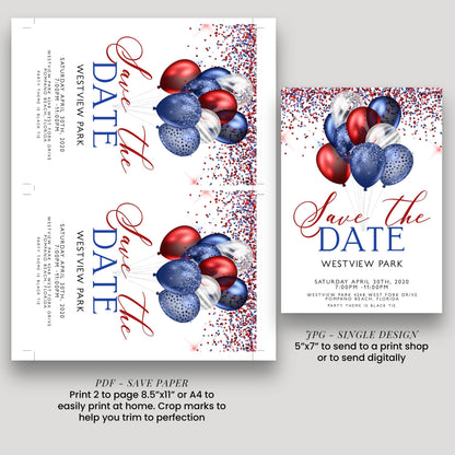 Patriotic Save the Date Invitation, Red White Blue Balloons, 4th of July or Black Tie Party, Editable and Printable Template