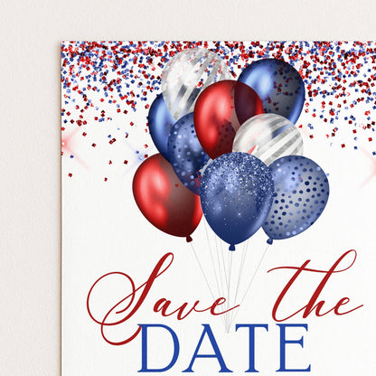 Patriotic Save the Date Invitation, Red White Blue Balloons, 4th of July or Black Tie Party, Editable and Printable Template