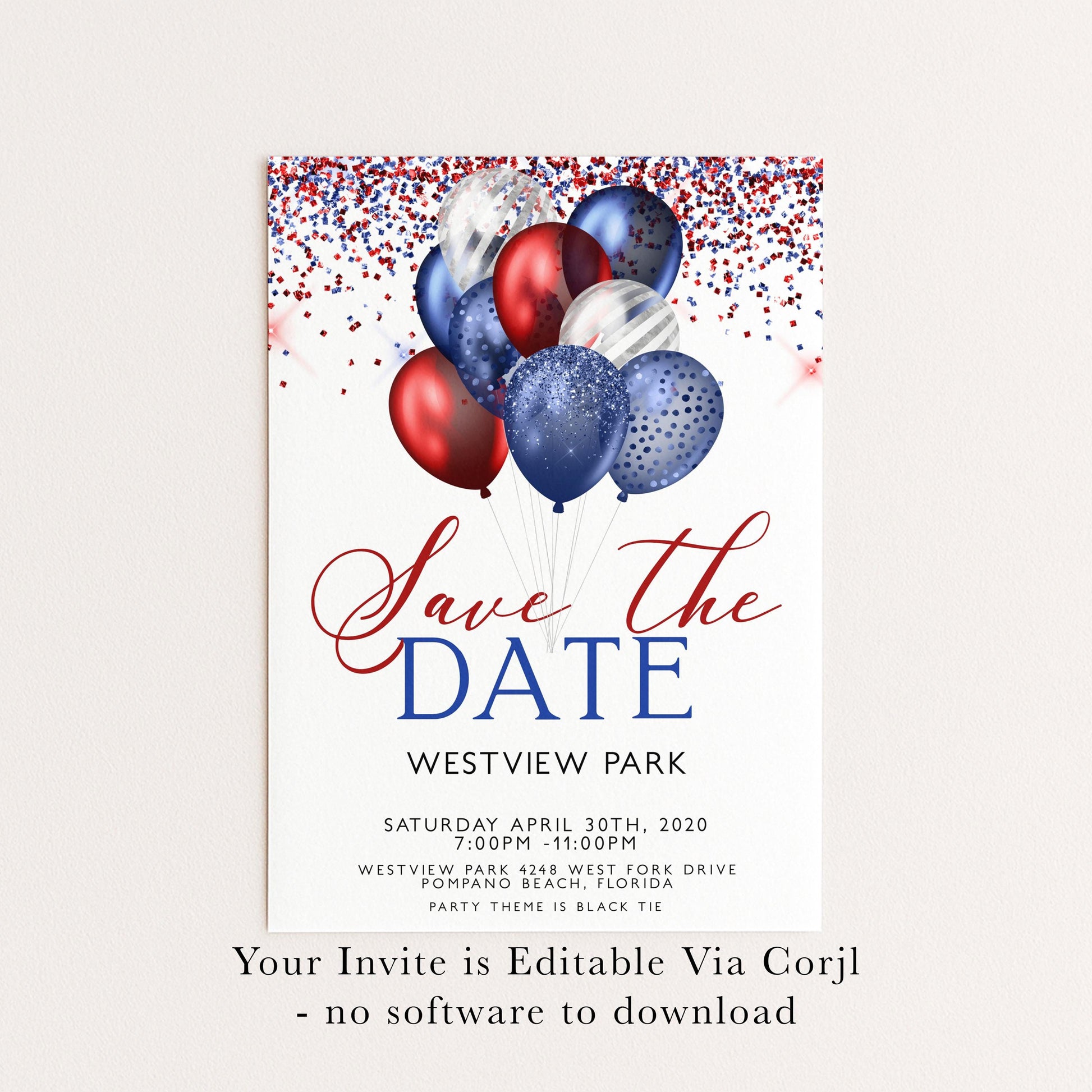 Patriotic Save the Date Invitation, Red White Blue Balloons, 4th of July or Black Tie Party, Editable and Printable Template