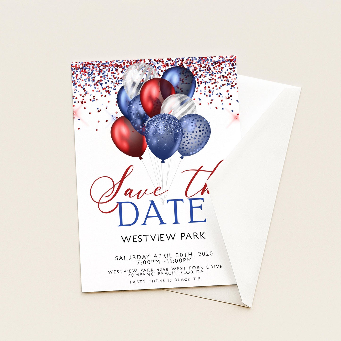 Patriotic Save the Date Invitation, Red White Blue Balloons, 4th of July or Black Tie Party, Editable and Printable Template