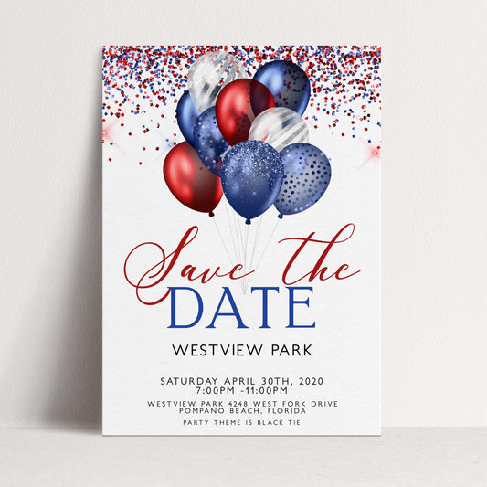Patriotic Save the Date Invitation, Red White Blue Balloons, 4th of July or Black Tie Party, Editable and Printable Template
