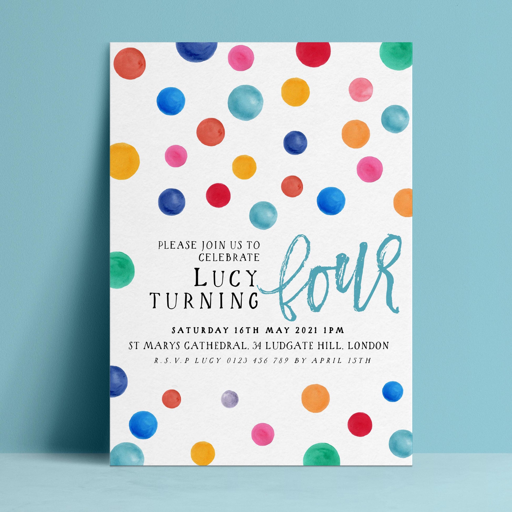 Editable 4th birthday invitation with rainbow watercolour confetti dots scattered on white background — digital download template via Corjl