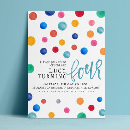 Editable 4th birthday invitation with rainbow watercolour confetti dots scattered on white background — digital download template via Corjl