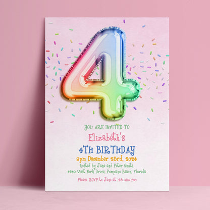Editable 4th birthday invitation with rainbow foil balloon number 4 and colourful confetti on pink background — digital download template via Corjl