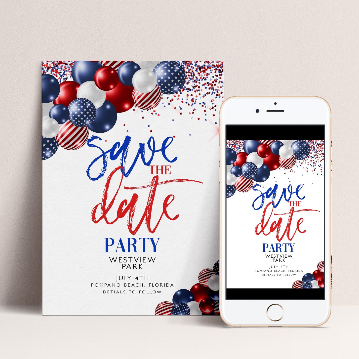 4th of July Save the Date Invitation, Patriotic Party Invite, Independence Day Celebration, Red White Blue Invite