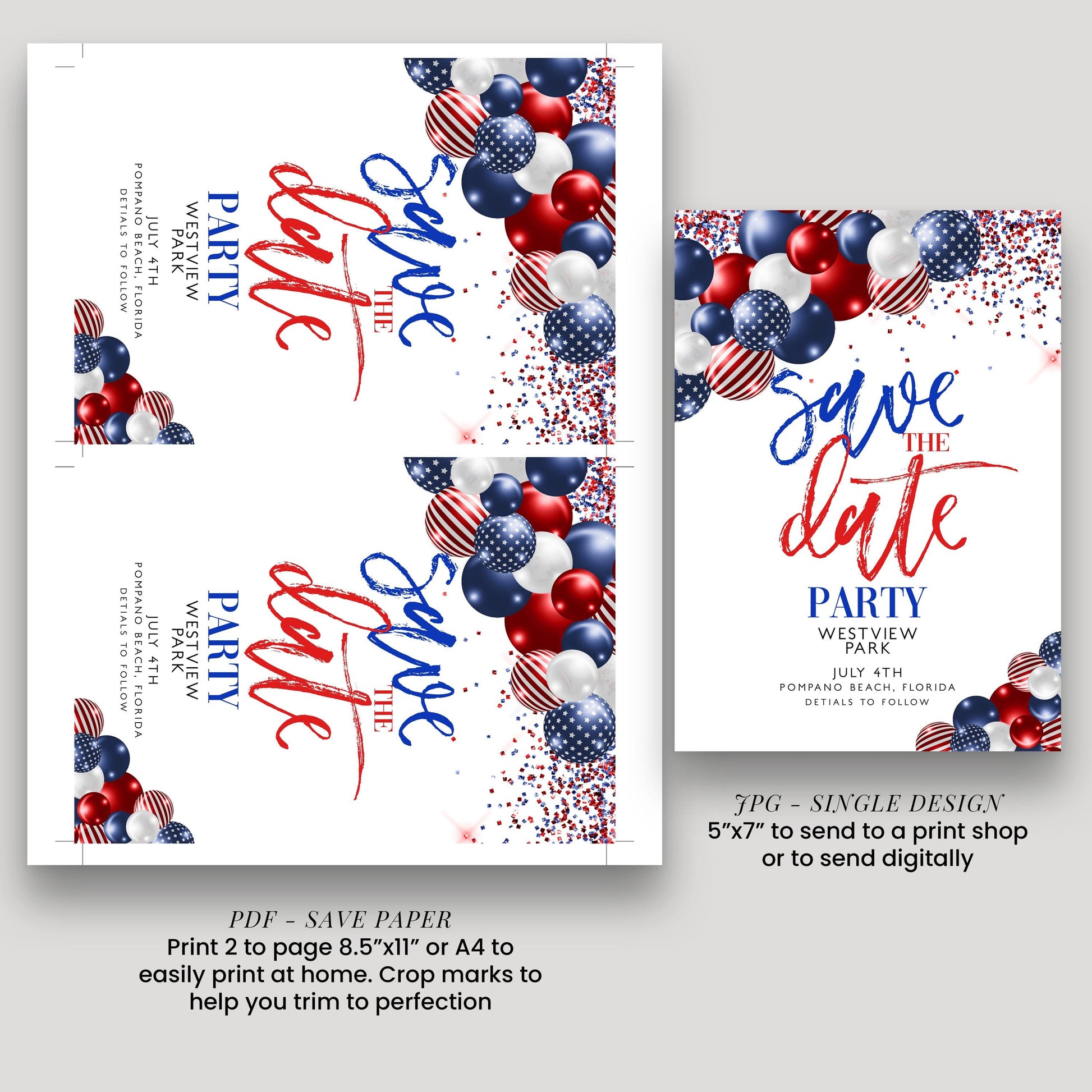 4th of July Save the Date Invitation, Patriotic Party Invite, Independence Day Celebration, Red White Blue Invite