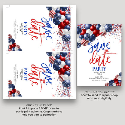 4th of July Save the Date Invitation, Patriotic Party Invite, Independence Day Celebration, Red White Blue Invite