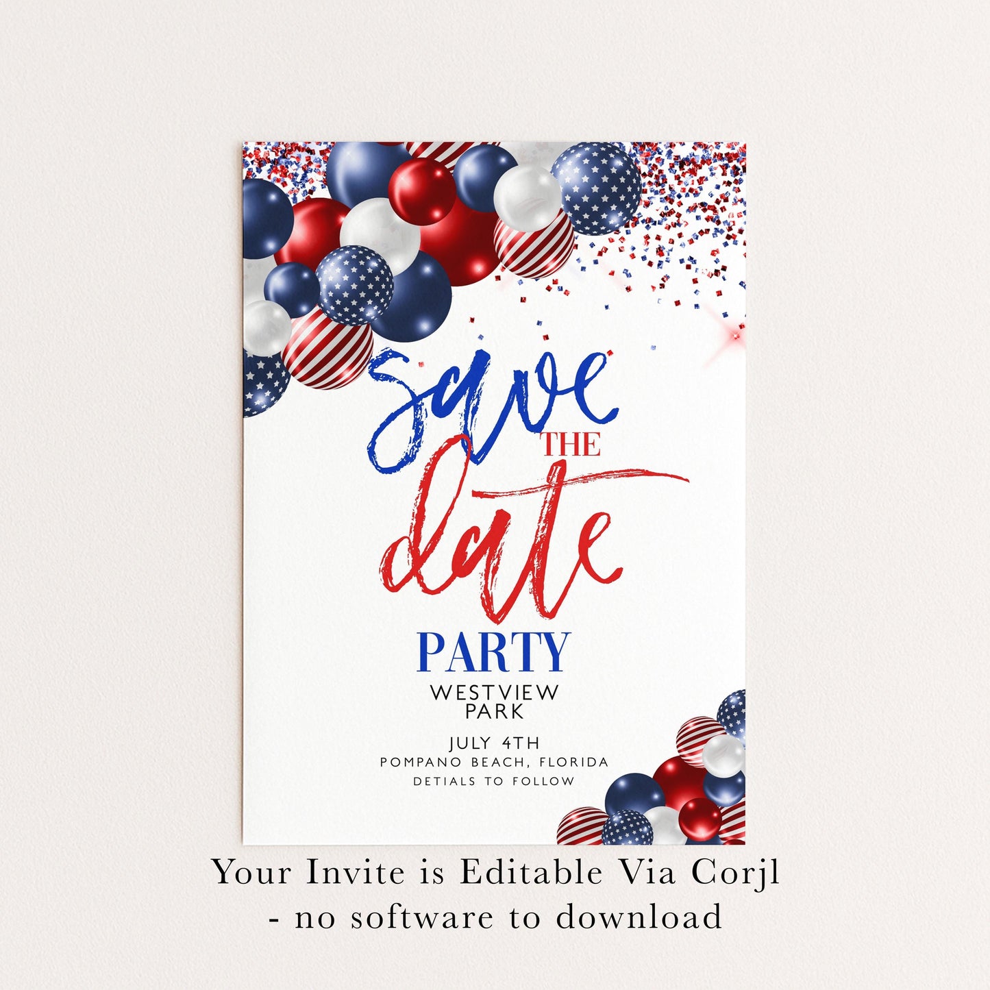 4th of July Save the Date Invitation, Patriotic Party Invite, Independence Day Celebration, Red White Blue Invite