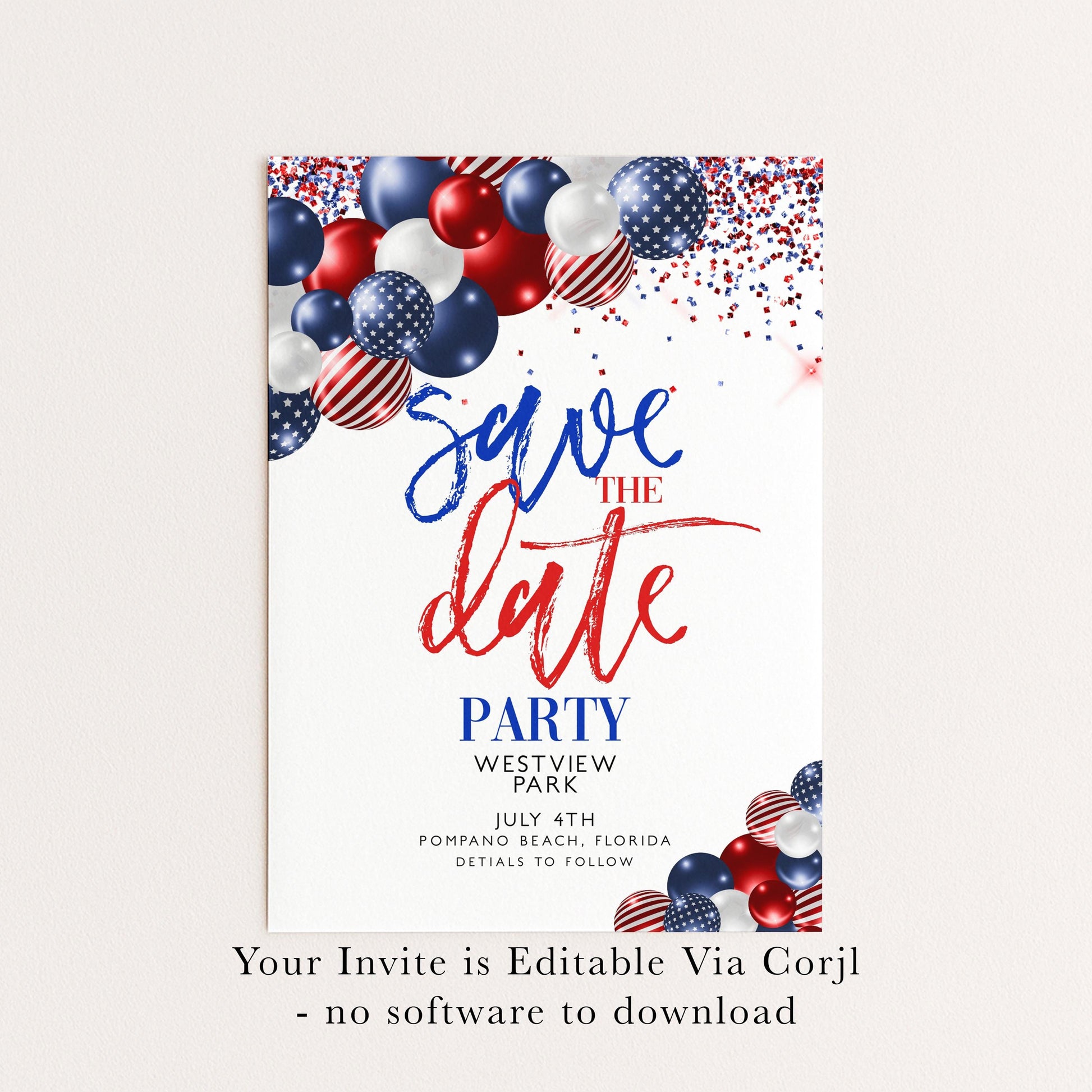 4th of July Save the Date Invitation, Patriotic Party Invite, Independence Day Celebration, Red White Blue Invite