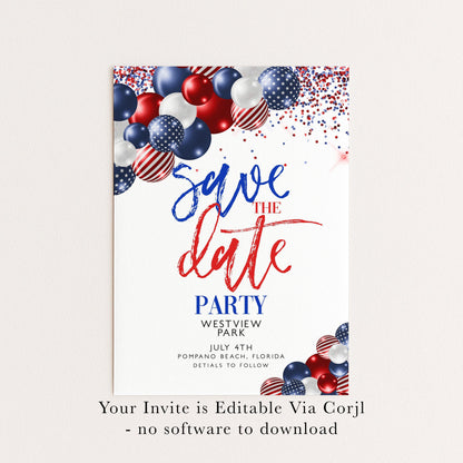 4th of July Save the Date Invitation, Patriotic Party Invite, Independence Day Celebration, Red White Blue Invite