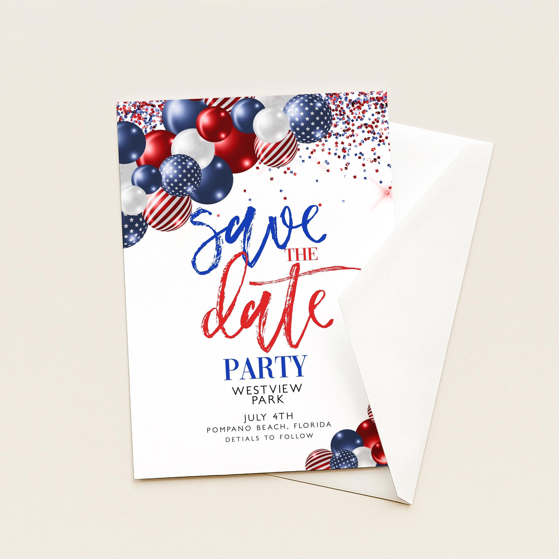 4th of July Save the Date Invitation, Patriotic Party Invite, Independence Day Celebration, Red White Blue Invite