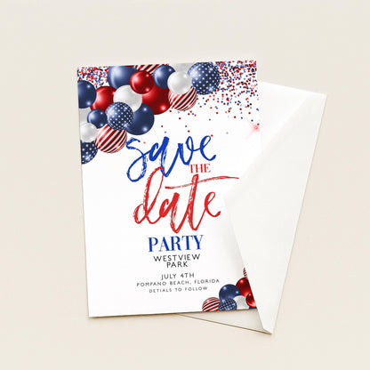 4th of July Save the Date Invitation, Patriotic Party Invite, Independence Day Celebration, Red White Blue Invite