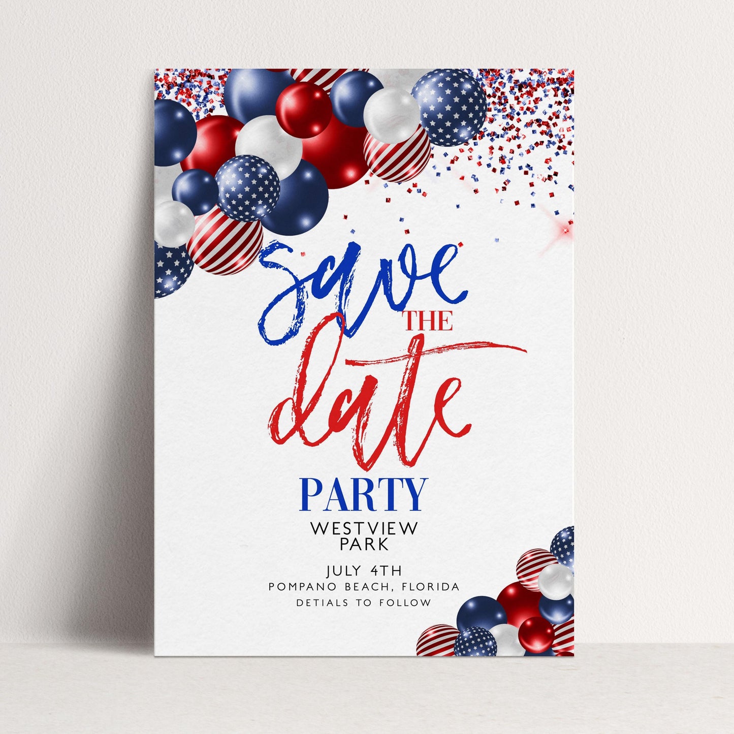 4th of July Save the Date Invitation, Patriotic Party Invite, Independence Day Celebration, Red White Blue Invite